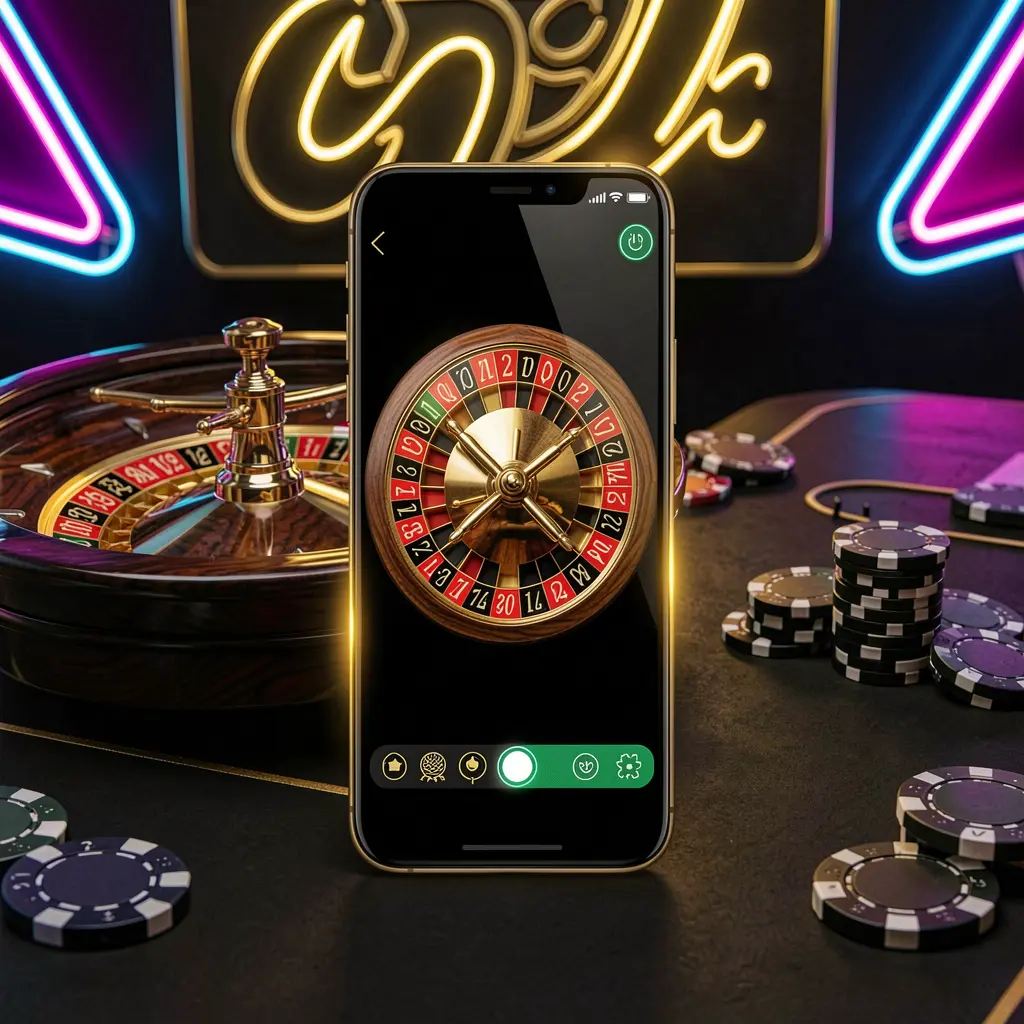 BC 8 mobile casino application scene featuring a phone in the center with a roulette wheel and poker chips in the background, illuminated by glowing neon lights in a premium black and gold style