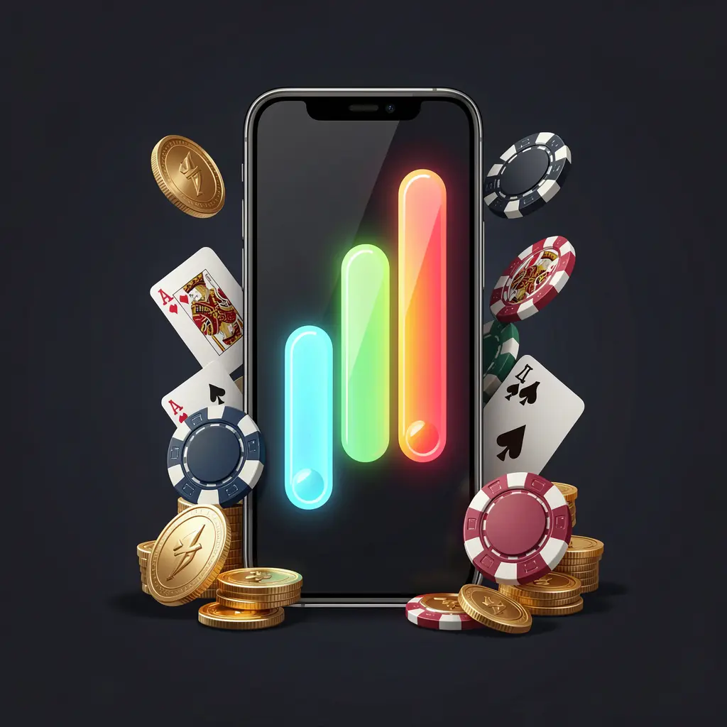 Smartphone displaying BC 8 casino app installation progress with glowing progress bar, surrounded by coins, chips, and playing cards on a dark background, showcasing premium mobile gaming design