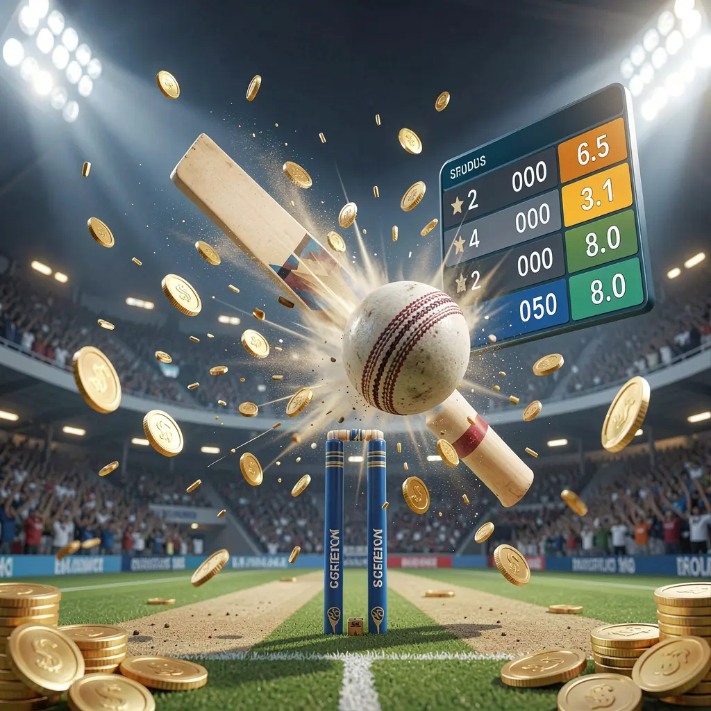 BC 8 cricket match betting banner showing a cricket ball hitting the wickets with dynamic motion under stadium lights, featuring a floating odds interface and coins in a premium sports atmosphere