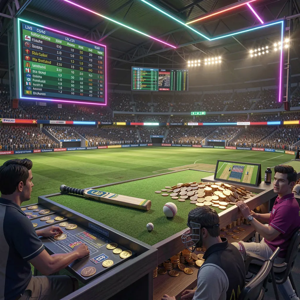 BC 8 cricket sportsbook scene showing a packed cricket stadium with a green field, bat and ball, digital live odds panels, coins, and neon lighting in a cinematic 3D render