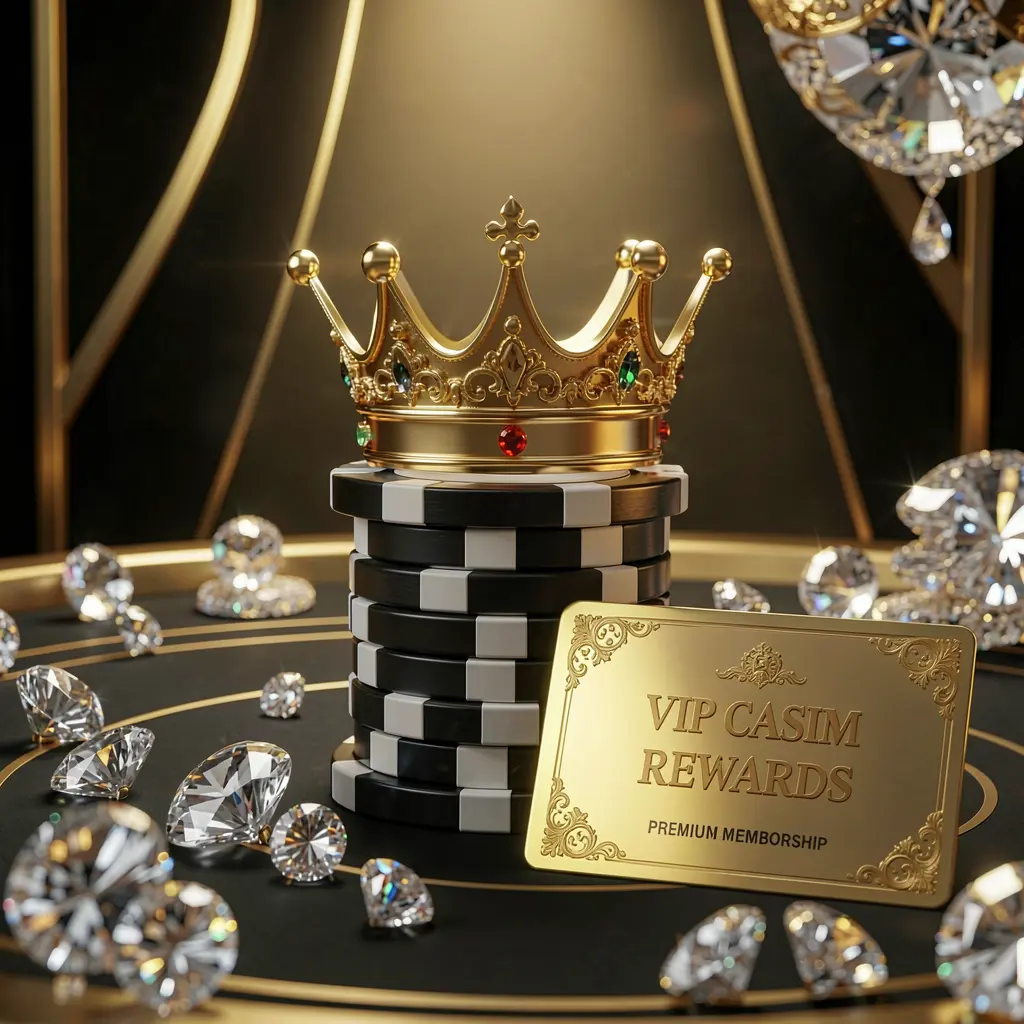Elegant golden crown placed on top of poker chips with sparkling diamonds and a premium membership card in a luxury black and gold background, representing BC 8 VIP casino rewards in an exclusive high-end casino atmosphere Elegant golden crown placed on top of poker chips with sparkling diamonds and a premium membership card in a luxury black and gold background, representing BC 8 VIP casino rewards in an exclusive high-end casino atmosphere