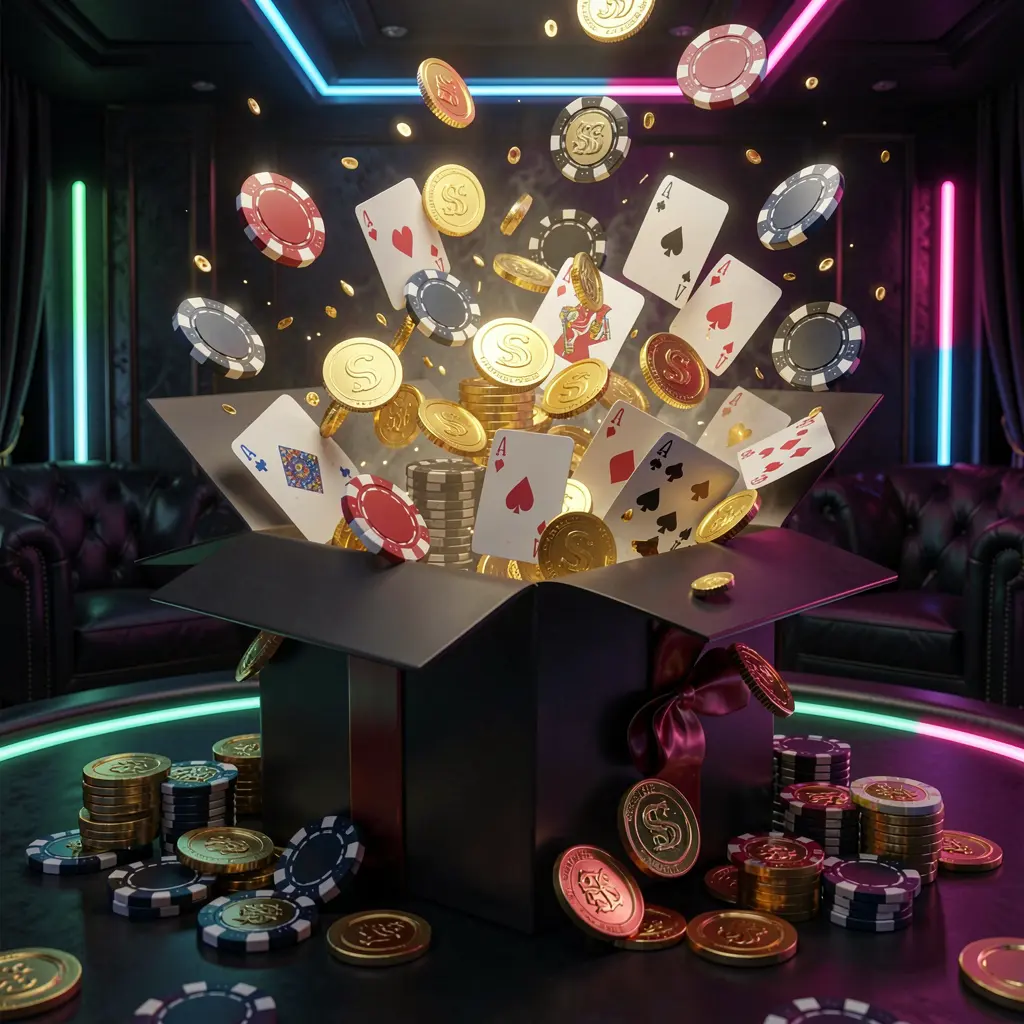 BC 8 online casino bonus gift box exploding with golden coins, poker chips, and playing cards against a dark luxury background with glowing neon accents BC 8 online casino bonus gift box exploding with golden coins, poker chips, and playing cards against a dark luxury background with glowing neon accents