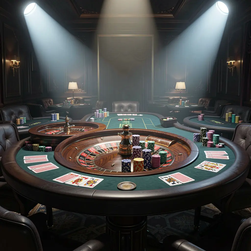 BC 8 live casino scene featuring a roulette table, playing cards, and chips under glowing spotlights with a dark elegant background in a cinematic 3D style