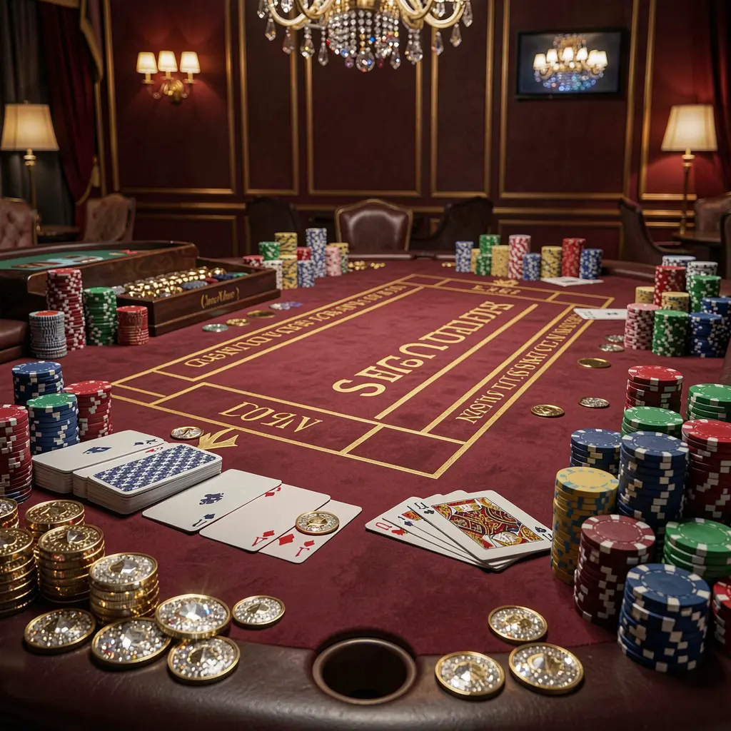 Luxury casino scene featuring a blackjack table with poker cards, stacks of chips, and sparkling coins against a dark red and gold background, showcasing BC 8's elegant gaming environment
