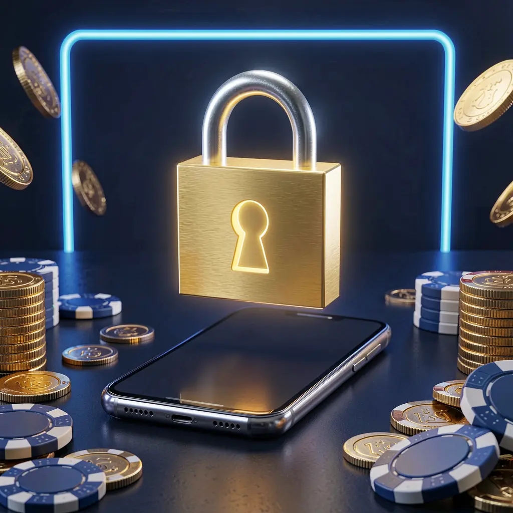 BC 8 casino login security image showing a glowing padlock floating above a smartphone with golden coins and chips scattered around on a dark blue neon background BC 8 casino login security image showing a glowing padlock floating above a smartphone with golden coins and chips scattered around on a dark blue neon background