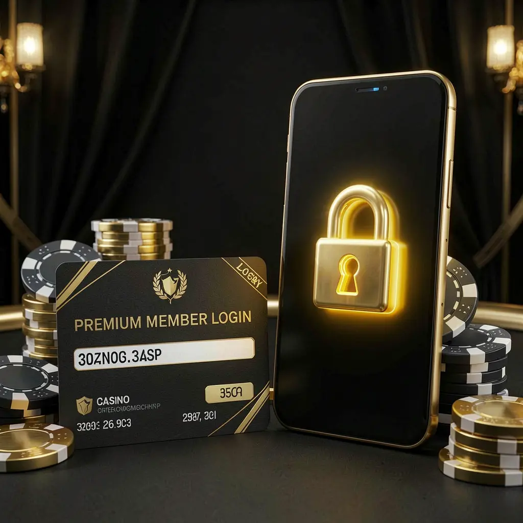 BC 8 casino member login concept showing a premium membership card beside a smartphone with a glowing lock symbol, poker chips, and coins on a black and gold luxury background in a realistic 3D illustration BC 8 casino member login concept showing a premium membership card beside a smartphone with a glowing lock symbol, poker chips, and coins on a black and gold luxury background in a realistic 3D illustration