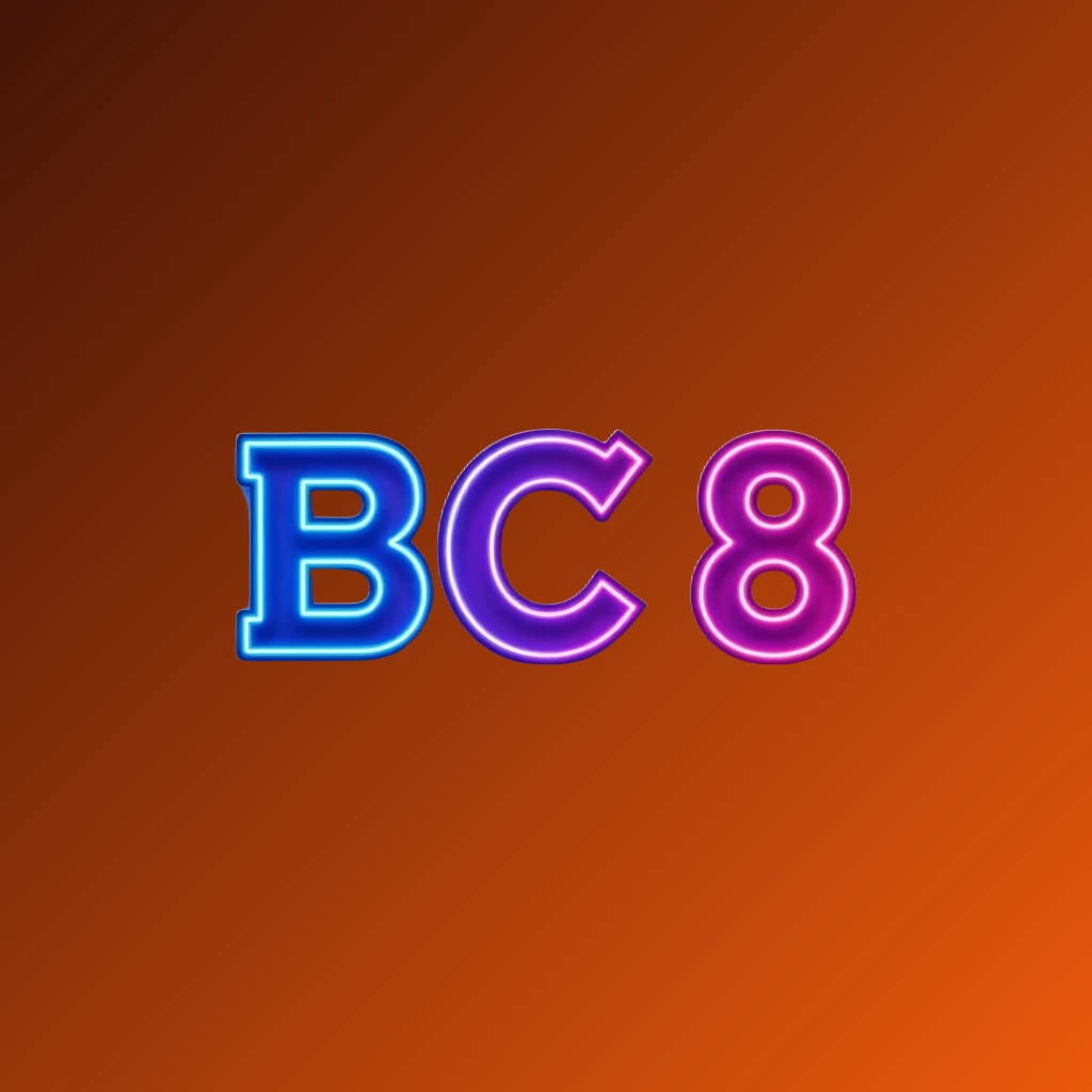 Colorful BC 8 gaming logo featuring extra bold block letters with electric blue, purple, and pink neon gradients and dynamic glowing effects on a transparent background