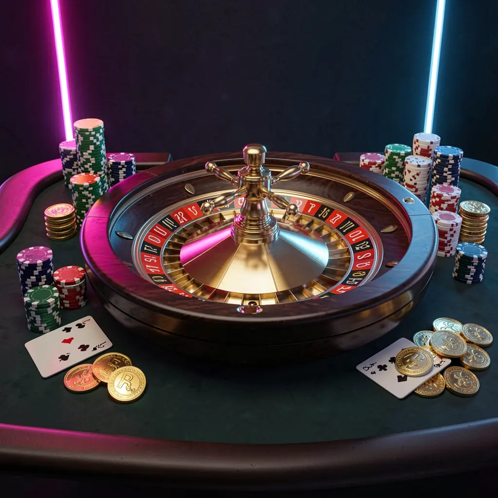 BC 8 online casino homepage hero banner featuring a luxury casino table with a roulette wheel, poker chips, playing cards, and golden coins on a dark premium background with neon glow in a cinematic 3D render